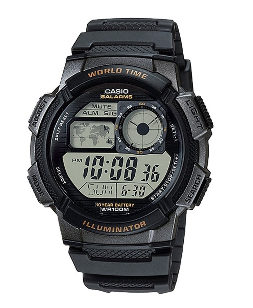 CASIO SPORT DIVER - WORLD TIME ILLUMINATOR 5 БУДИЛЬНИКОВ, БАТАРЕЯ НА 10 ЛЕТ - ЧЕРНЫЕ AE-1000W-1AVDF
