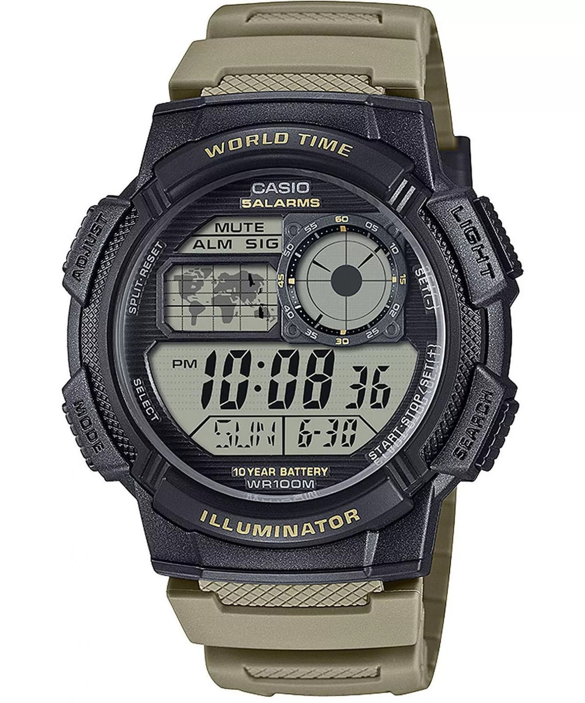 CASIO SPORT DIVER - WORLD TIME ILLUMINATOR 5 ALARMS, 10 YEARS BATTERY - TAUPE AE-1000W-5AVEF