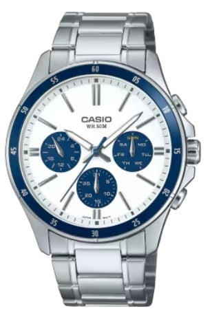 CASIO COLLECTION DAUDZFUNKCIONĀLS KALENDĀRS - BALTS & ZILS PANDA MTP-1374D-7A2VDF