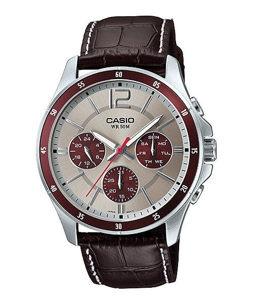 CASIO COLLECTION МНОГОФУНКЦИОНАЛЬНЫЙ КАЛЕНДАРЬ, КОЖАНЫЙ РЕМЕШОК - ДВУХЦВЕТНЫЙ MTP-1374L-7A1VDF