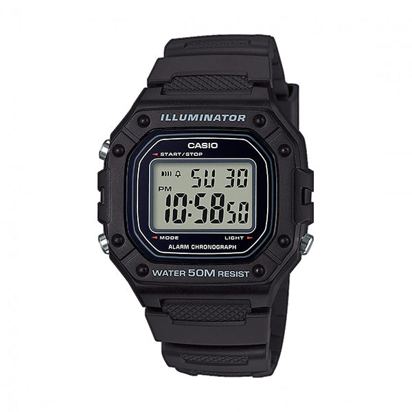 CASIO COLLECTION SPORT ILLUMINATOR WR 50M, MODINĀTĀJS, HRONOGRĀFS - MELNS W-218H-1AVEF