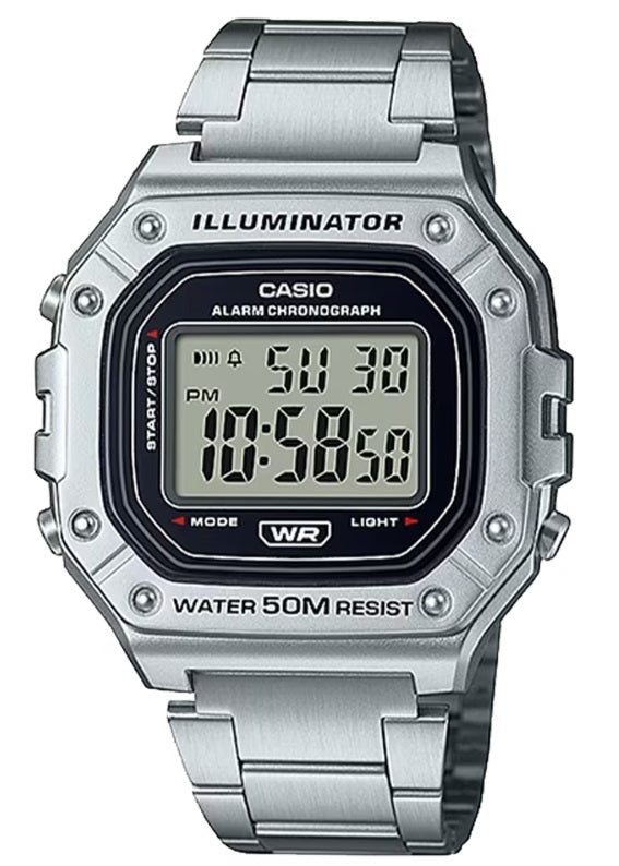 CASIO TIMELESS COLLECTION SPORT ILLUMINATOR WR 50M, БУДИЛЬНИК, ХРОНОГРАФ - СЕРЕБРО - МЕТАЛЛИЧЕСКАЯ СЕРИЯ W-218HD-1AVDF