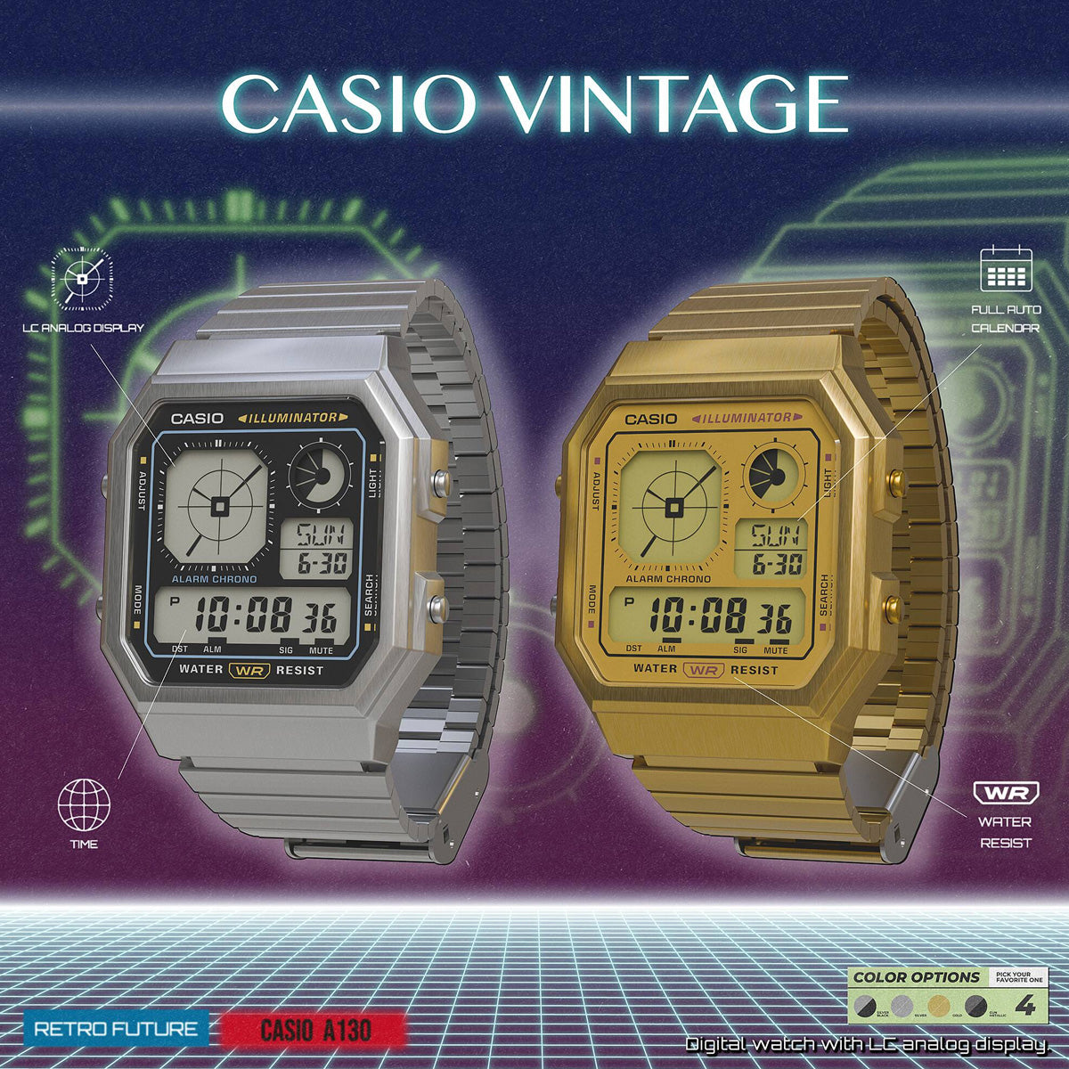 CASIO VINTAGE RETRO FUTURE EDGY KOLEKCIJA - PILNĪBĀ ZELTĪTS A130WEG-9AEF