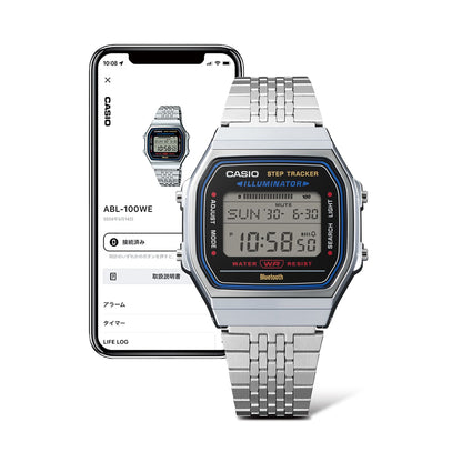 CASIO VINTAGE BLUETOOTH® VIEDTĀLRUŅA SAVIENOJUMS - TĒRAUDS - iebūvēts akselerometrs uztver ķermeņa kustības + soļu skaitītājs - MELNS ABL-100WE-1AEF