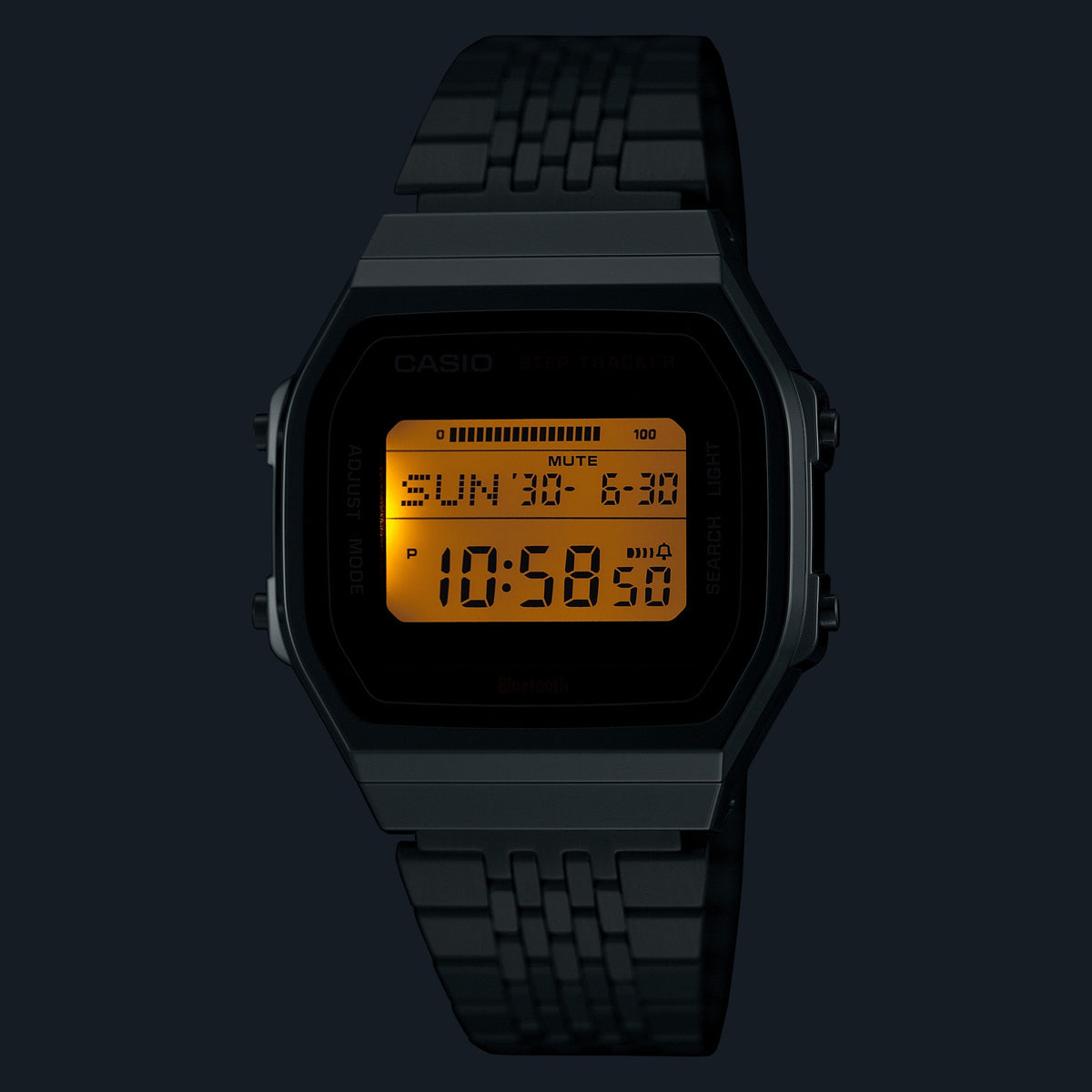 CASIO VINTAGE BLUETOOTH® VIEDTĀLRUŅA SAVIENOJUMS - TĒRAUDS - iebūvēts akselerometrs uztver ķermeņa kustības + soļu skaitītājs - MELNS ABL-100WE-1AEF