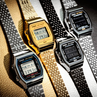 CASIO VINTAGE BLUETOOTH® VIEDTĀLRUŅA SAVIENOJUMS - TĒRAUDS - iebūvēts akselerometrs uztver ķermeņa kustības + soļu skaitītājs - MELNS ABL-100WE-1AEF