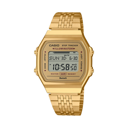 CASIO VINTAGE BLUETOOTH® SMARTPHONE LINK - ZELTA - iebūvēts akselerometrs uztver ķermeņa kustības + soļu skaitītājs - ZELTA ABL-100WEG-9AEF