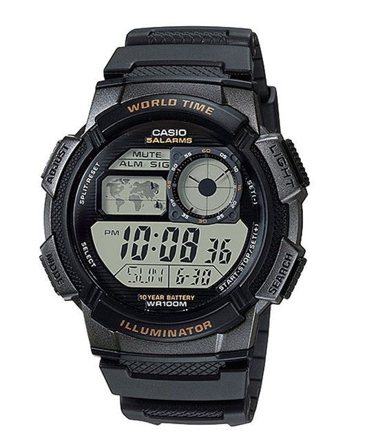 CASIO SPORT DIVER - WORLD TIME ILLUMINATOR 5 ALARMS. 10 YEARS BATTERY - BLACK