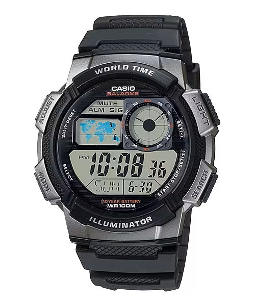CASIO SPORT DIVER - WORLD TIME ILLUMINATOR 5 MODINĀTĀJI, 10 GADU BATERIJA - MELNS AE-1000W-1BVDF