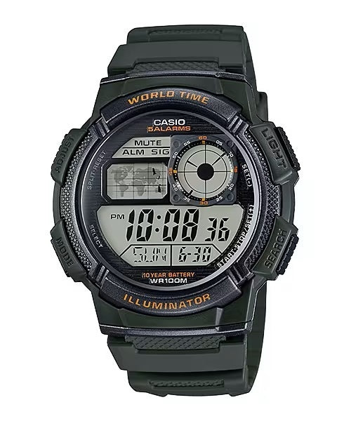 CASIO SPORT DIVER - WORLD TIME ILLUMINATOR 5 MODINĀTĀJI, 10 GADU BATERIJA - ARMIJAS ZAĻA AE-1000W-3AVDF