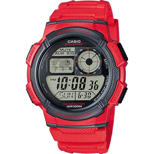 CASIO SPORT DIVER - WORLD TIME ILLUMINATOR 5 MODINĀTĀJI, 10 GADU BATERIJA - SARKANS AE-1000W-4AVDF