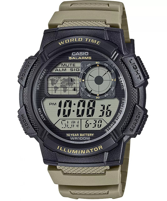 CASIO SPORT DIVER - МИРОВОЕ ВРЕМЯ ПОДСВЕТКА 5 БУДИЛЬНИКОВ, БАТАРЕЯ 10 ЛЕТ - СЕРОВАТО-КОРИЧНЕВЫЙ AE-1000W-5AVEF