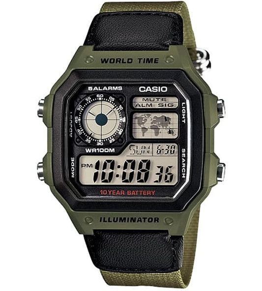CASIO SPORT DIVER - WORLD TIME ILLUMINATOR 5 ALARMS - FUTURE CLASSIC COLLECTION - KAKHI GREEN AE-1200WHB-3BVDF