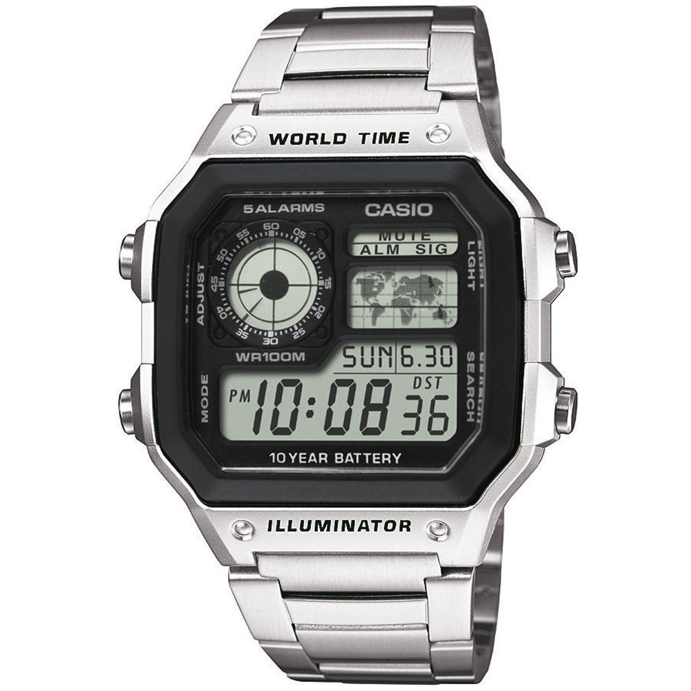 CASIO SPORT WORLD TIME ILLUMINATOR 5 БУДИЛЬНИКОВ - КОЛЛЕКЦИЯ FUTURE CLASSIC - ЧЕРНАЯ СТАЛЬ AE-1200WHD-1AVEF