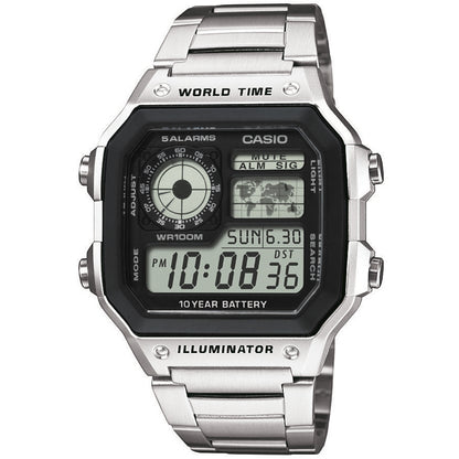 CASIO SPORT WORLD TIME ILLUMINATOR 5 БУДИЛЬНИКОВ - КОЛЛЕКЦИЯ FUTURE CLASSIC - ЧЕРНАЯ СТАЛЬ AE-1200WHD-1AVEF