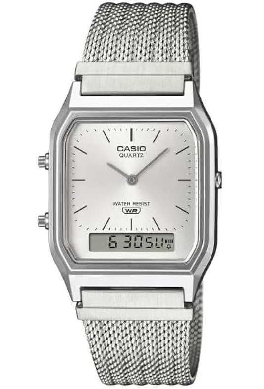 CASIO VINTAGE EDGY COLLECTION SUNRAY DIAL - MESH STRAP, SILVER AQ-230EM-7AEF