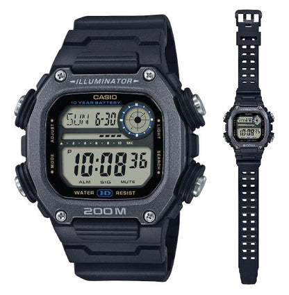 CASIO SPORT ILLUMINATOR DIVER 200M, СРОК СЛУЖБЫ БАТАРЕИ 10 ЛЕТ - УВЕЛИЧЕННЫЙ РЕМЕШОК - ЧЕРНЫЕ DW-291HX-1AVDF