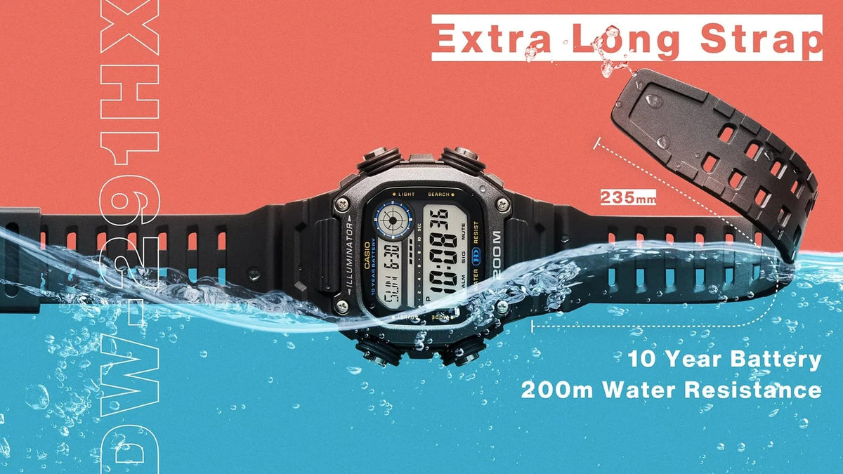 CASIO SPORT ILLUMINATOR DIVER 200M, СРОК СЛУЖБЫ БАТАРЕИ 10 ЛЕТ - УВЕЛИЧЕННЫЙ РЕМЕШОК - ЧЕРНЫЕ DW-291HX-1AVDF