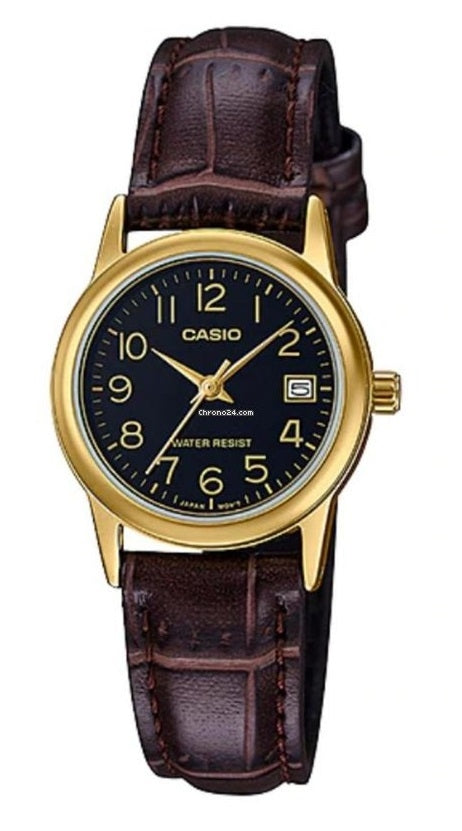 CASIO COLLECTION LADY DATE GOLD, LEATHER - BLACK LTP-V002GL-1BUDF