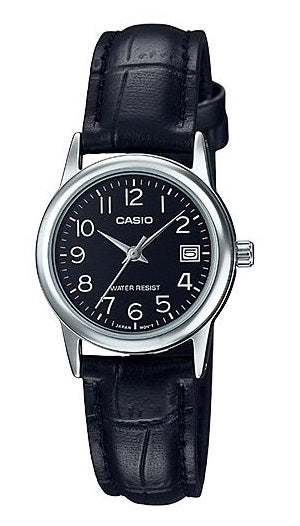 CASIO COLLECTION LADY DATE SILVER, LEATHER - BLACK LTP-V002L-1BUDF