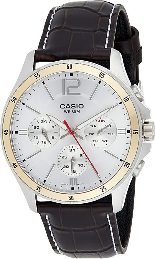 CASIO COLLECTION MULTIFUNCTION CALENDAR, LEATHER - SILVER MTP-1374L-7AVDF