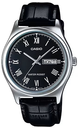 CASIO COLLECTION DIENA DATUMS, ROMIEŠU CIPARI. ĀDAS SIKSNIŅA – MELNA MTP-V006L-1BUDF