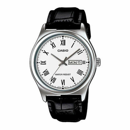 CASIO COLLECTION modelis DAY DATE ROMAN INDEXES, ĀDAS SARNIŅA - BALTA