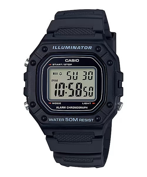 CASIO TIMELESS COLLECTION SPORT ILLUMINATOR WR 50M, MODINĀTĀJS, HRONOGRĀFS - MELNS W-218H-1AVDF