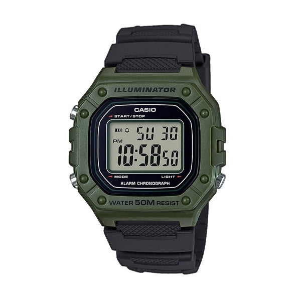 CASIO TIMELESS COLLECTION SPORT ILLUMINATOR WR 50M, БУДИЛЬНИК, ХРОНОГРАФ - ЗЕЛЕНЫЙ (АРМЕЙСКИЙ) W-218H-3AVEF