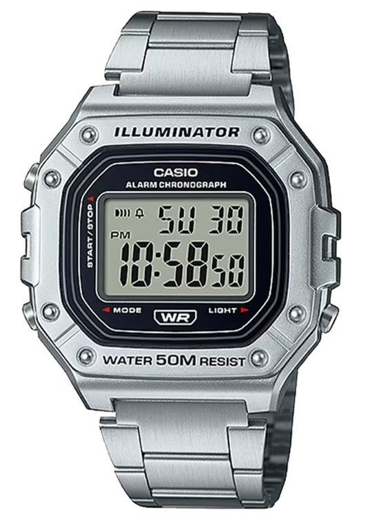 CASIO TIMELESS COLLECTION SPORT ILLUMINATOR WR 50M, ALARM, CHRONOGRAPH - SILVER - METAL SERIE W-218HD-1AVDF