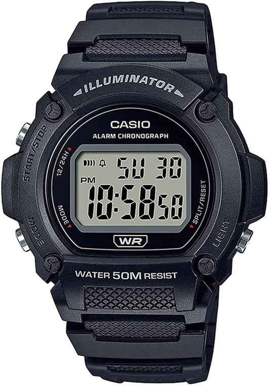 CASIO TIMELESS COLLECTION SPORT- ILLUMINATOR WR 50M, MODINĀTĀJS, HRONOGRĀFS - MELNS W-219H-1AVDF