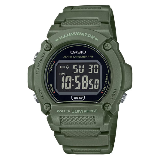 CASIO TIMELESS COLLECTION SPORT- ILLUMINATOR WR 50M, MODINĀTĀJS, HRONOGRĀFS - ARMIJAS ZAĻA KRĀSA - KRĀSAINĀ SĒRIJA W-219HC-3BVDF