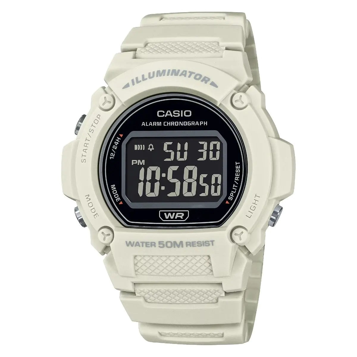 CASIO TIMELESS COLLECTION SPORT – ILLUMINATOR WR 50M, MODINĀTĀJS, HRONOGRĀFS – BALTS – KRĀSAINĀ SĒRIJA W-219HC-8BVDF
