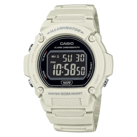 CASIO TIMELESS COLLECTION SPORT – ILLUMINATOR WR 50M, MODINĀTĀJS, HRONOGRĀFS – BALTS – KRĀSAINĀ SĒRIJA W-219HC-8BVDF