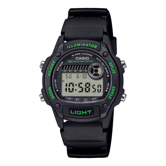 CASIO SPORT ILLUMINATOR MAZAI PLASTMASEI 36,6 mm korpuss, bioloģiskas izcelsmes sveķu siksniņa - MELNS W-220H-1A3VEF